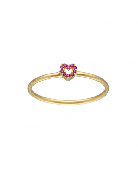 ANILLO EN ORO AMARILLO DE 18 QUILATES ARO LISO CORAZÓN CALADO CIRCONITAS ROJAS