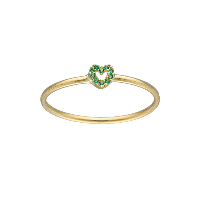 ANILLO EN ORO AMARILLO DE 18 QUILATES ARO LISO CORAZÓN CENTRAL CALADO CIRCONITAS ROJAS