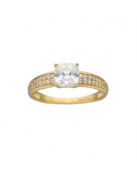 ANILLO EN ORO AMARILLO DE 18 QUILATES DOBLE BANDA CUAJO CIRCONITAS CIRCONITA CUADRADA CENTRO GARRAS