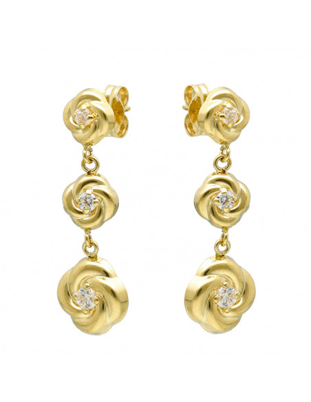 PENDIENTES LARGOS EN ORO DE 18 QUILATES TRIPLE ROSA NUDO CIRCONITA