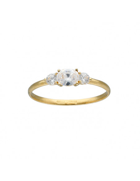 ANILLO EN ORO AMARILLO DE 18 QUILATES CIRCONITA OVAL CENTRAL CON UNA CIRCONITA TALLA BRILLANTE A CADA LADO