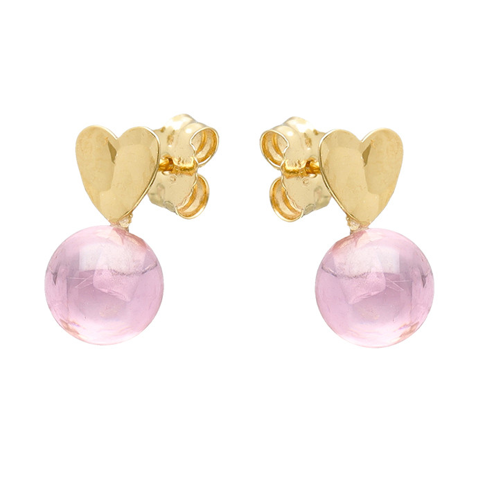 PENDIENTES EN ORO AMARILLO DE 18 QUILATES CORAZÓN ORO PIEDRA ROSA REDONDA