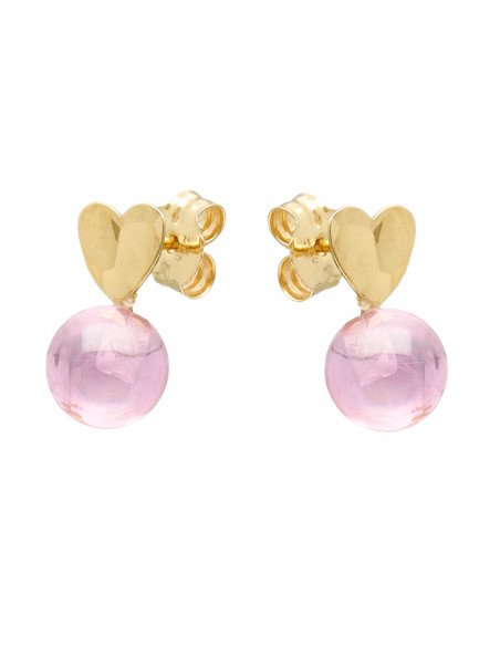 PENDIENTES EN ORO AMARILLO DE 18 QUILATES CORAZÓN ORO PIEDRA ROSA REDONDA