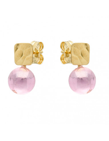 PENDIENTES EN ORO AMARILLO DE18 QUILATES CUADRADO TEXTURA PIEDRA ROSA REDONDA