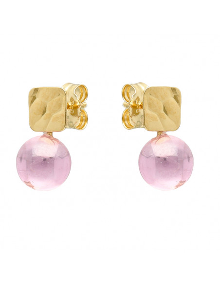 PENDIENTES EN ORO AMARILLO DE18 QUILATES CUADRADO TEXTURA PIEDRA ROSA REDONDA