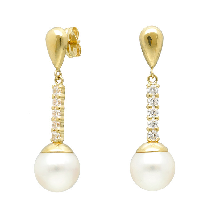 PENDIENTES LARGOS EN ORO AMARILLO DE 18 QUILATES GOTA 5 CIRCONITAS PERLA BLANCA