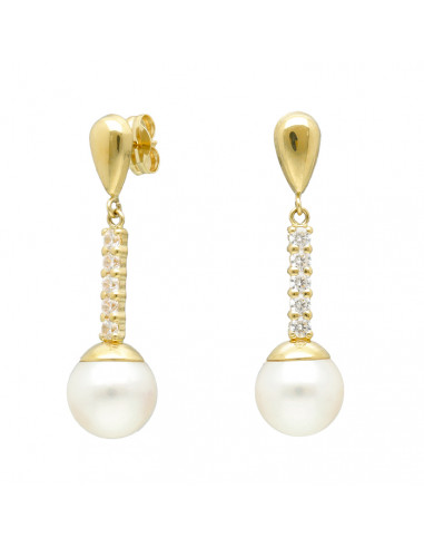 PENDIENTES LARGOS EN ORO AMARILLO DE 18 QUILATES GOTA 5 CIRCONITAS PERLA BLANCA