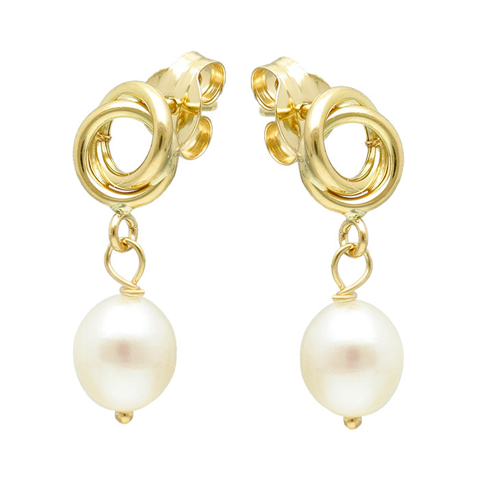 PENDIENTES LARGOS EN ORO AMARILO DE 18 QUILATES NUDO CALADO PERLA