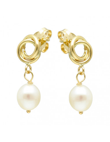 PENDIENTES LARGOS EN ORO AMARILO DE 18 QUILATES NUDO CALADO PERLA