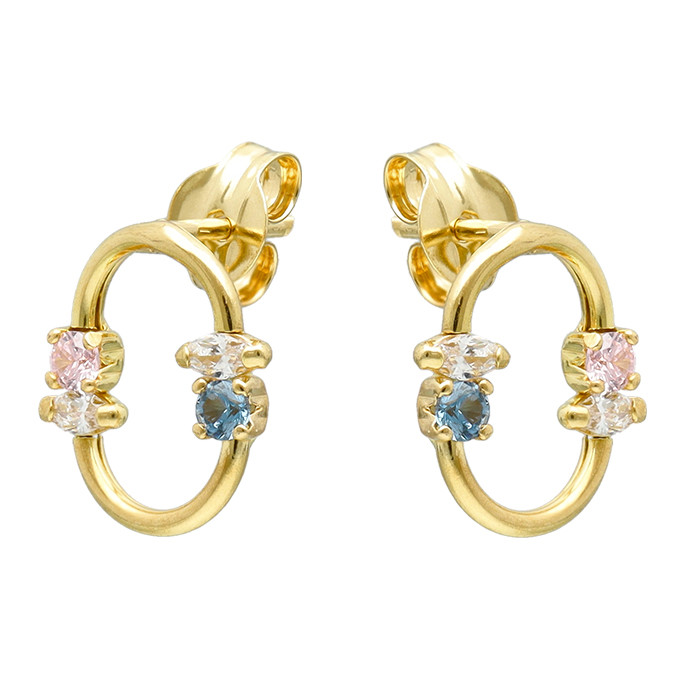 PENDIENTES EN ORO AMARILLO DE 18 QUILATES OVALO DOBLE CIRCONITA ROSA/AZUL/BLANCA