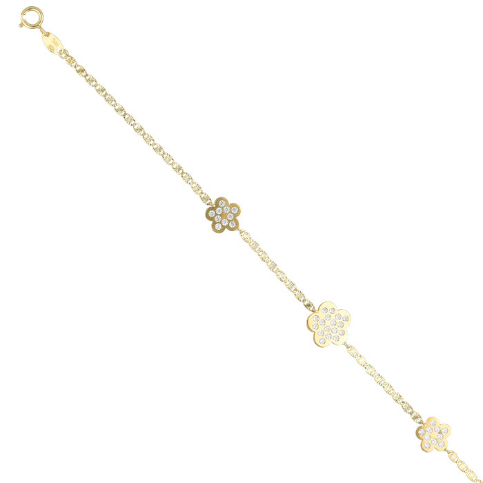 PULSERA EN ORO AMARILLO DE 18 QUILATES MALLA ANCLA TRES FLORES CIRCONITAS