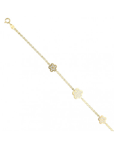 PULSERA EN ORO AMARILLO DE 18 QUILATES MALLA ANCLA TRES FLORES CIRCONITAS