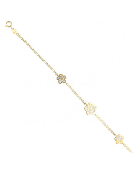 PULSERA EN ORO AMARILLO DE 18 QUILATES MALLA ANCLA TRES FLORES CIRCONITAS