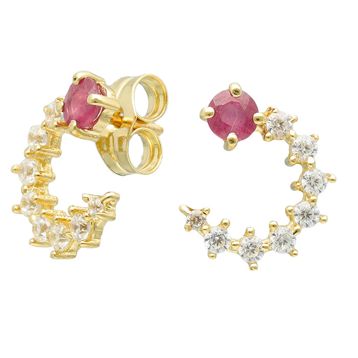 PENDIENTES EN ORO AMARILLO DE 18 QUILATES MEDIA LUNA CIRCONITAS RUBI