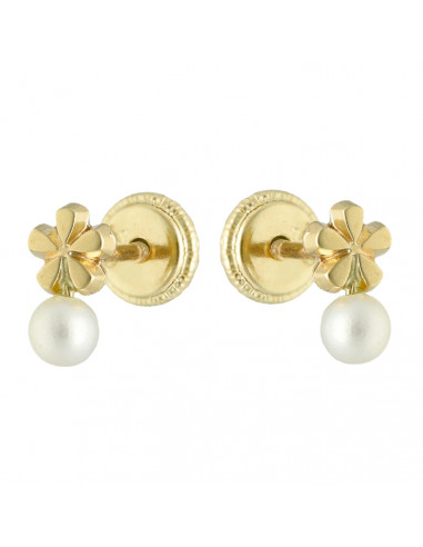 PENDIENTES EN ORO DE 9 QUILATES FLOR 5 PETALOS PERLA