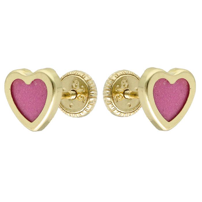 PENDIENTES EN RO AMARILLO DE 9 QUILATES CORAZÓN ESMALTE ROSA RIBETE ORO
