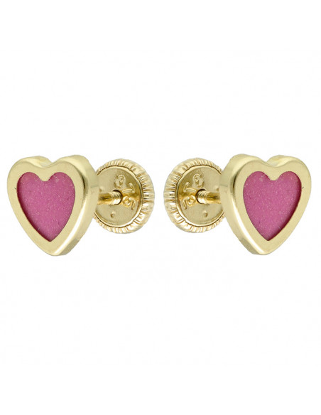 PENDIENTES EN RO AMARILLO DE 9 QUILATES CORAZÓN ESMALTE ROSA RIBETE ORO