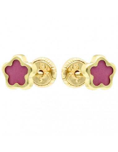 PENDIENTES EN ORO AMARILLO DE 9 QUILATES MARGARITA ESMALTE ROSA RIBETE ORO