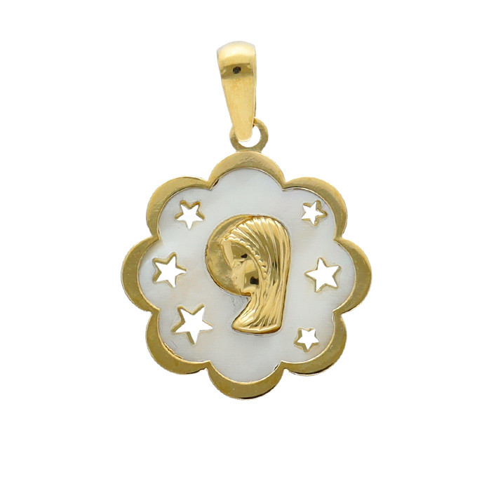 MEDALLA EN ORO DE 9 QUILATES VIRGEN NIÑA FLOR NACAR ESTRELLAS