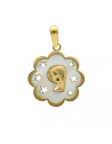 MEDALLA EN ORO DE 9 QUILATES VIRGEN NIÑA FLOR NACAR ESTRELLAS