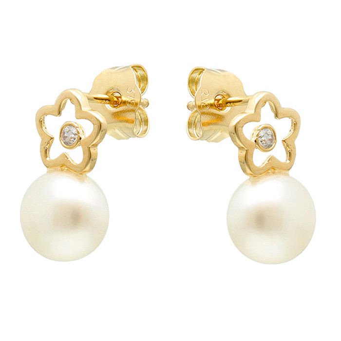 PENDIENTES EN ORO AMARILLO DE 9 QUILATES MARGARITA CALADA CIRCONITA PERLA BLANCA
