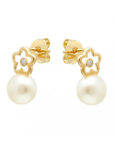 PENDIENTES EN ORO AMARILLO DE 9 QUILATES MARGARITA CALADA CIRCONITA PERLA BLANCA