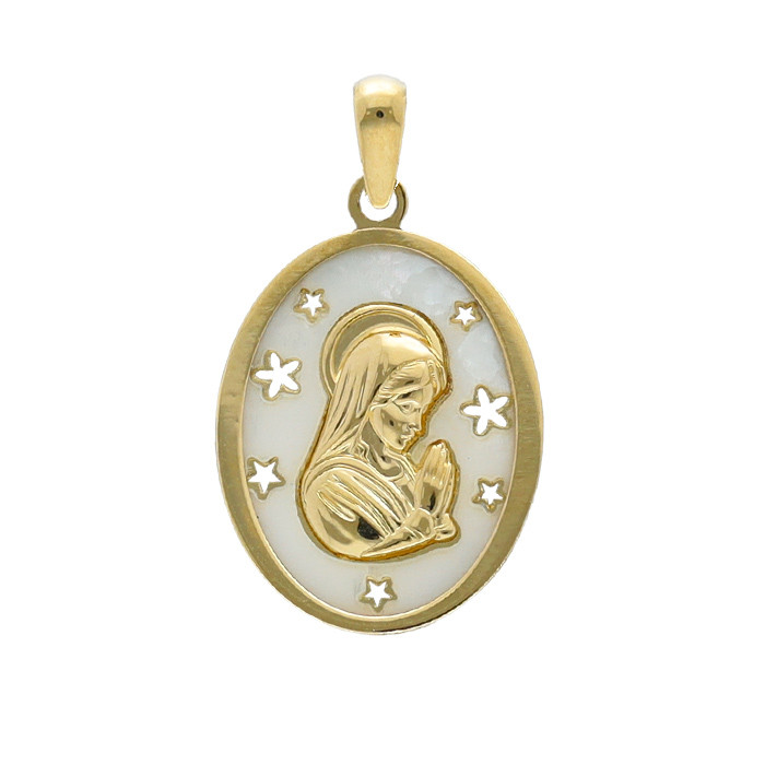 MEDALLA EN ORO AMARILLO DE 9 QUILATES VIRGEN NACAR ESTRELLAS