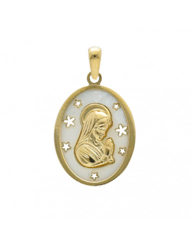 MEDALLA EN ORO AMARILLO DE 9 QUILATES VIRGEN NACAR ESTRELLAS