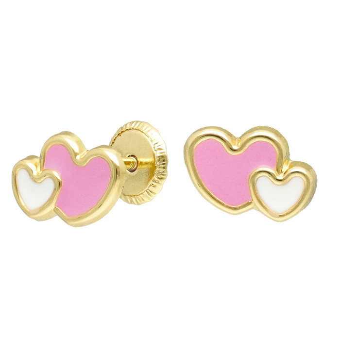 PENDIENTES EN ORO AMARILLO DE 18 QUILATES DOBLE CORAZÓN ESMALTE ROSA/BLANCO