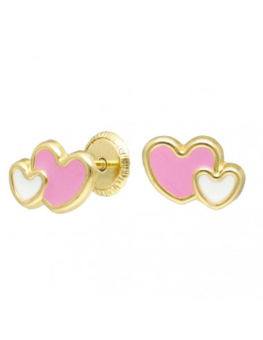 PENDIENTES EN ORO AMARILLO DE 18 QUILATES DOBLE CORAZÓN ESMALTE ROSA/BLANCO
