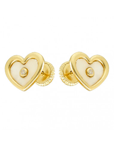PENDIENTES EN ORO AMARILLO DE 18 QUILATES CORAZÓN NÁCAR CIRCONITA