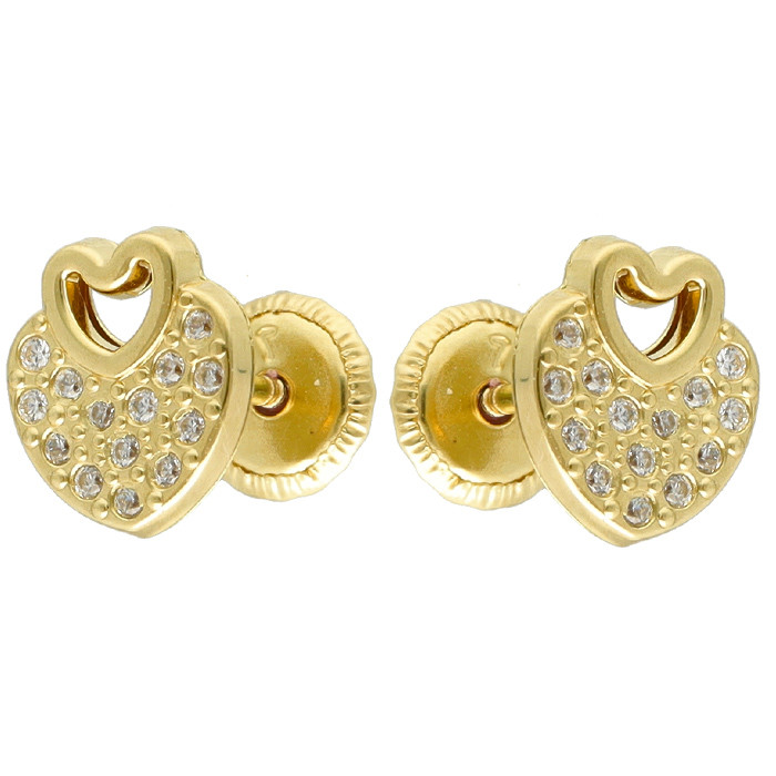 PENDIENTES INFANTILES ORO 18 QUILATES DOBLE CORAZÓN CIRCONITA HUECO