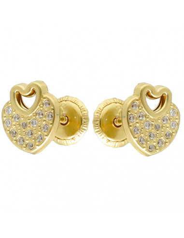 PENDIENTES INFANTILES ORO 18 QUILATES DOBLE CORAZÓN CIRCONITA HUECO