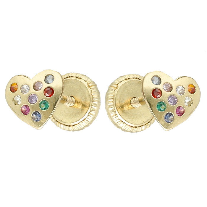 PENDIENTES EN ORO 18 QUILATES CORAZÓN PIEDRAS MULTICOLOR