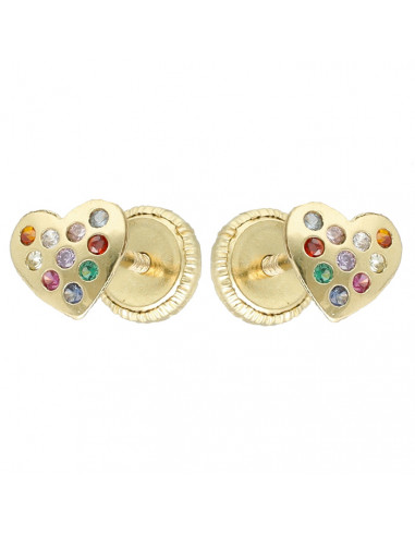 PENDIENTES EN ORO 18 QUILATES CORAZÓN PIEDRAS MULTICOLOR