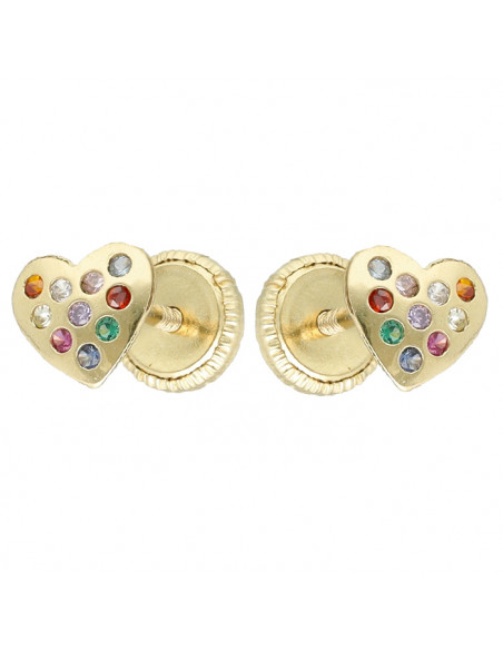 PENDIENTES EN ORO 18 QUILATES CORAZÓN PIEDRAS MULTICOLOR