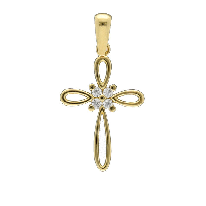 CRUZ EN ORO AMARILLO 18 QUILATES BRAZOS CALADOS CIRCONITA CENTRO