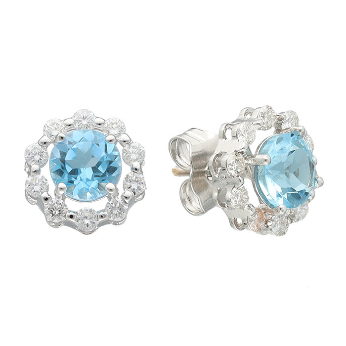 PENDIENTES EN ORO BLANCO CON DIAMANTES Y AGUAMARINA FORMA DE ROSETA
