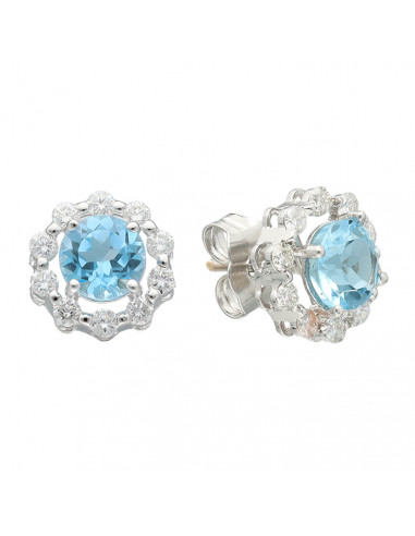 PENDIENTES EN ORO BLANCO CON DIAMANTES Y AGUAMARINA FORMA DE ROSETA