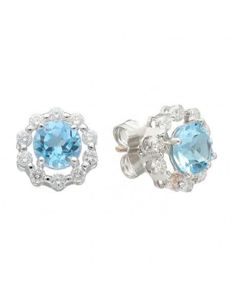 PENDIENTES EN ORO BLANCO CON DIAMANTES Y AGUAMARINA FORMA DE ROSETA