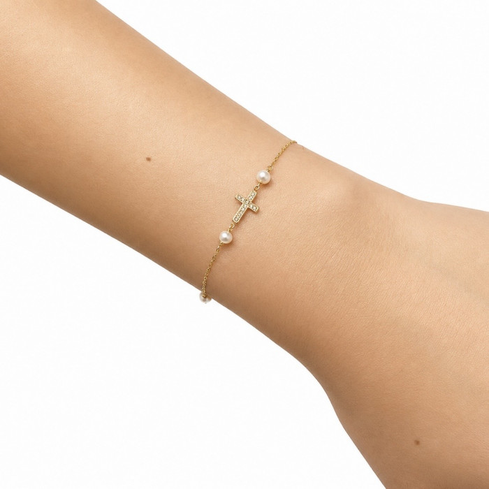 PULSERA EN ORO AMRILLO 18 QUILATES FORSA CRUZ PERLAS 2