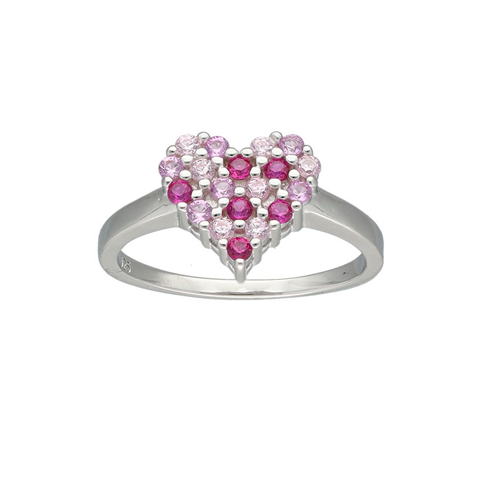 ANILLO EN PLATA CON CIRCONITAS ROSAS Y BLANCAS FORMA CORAZÓN