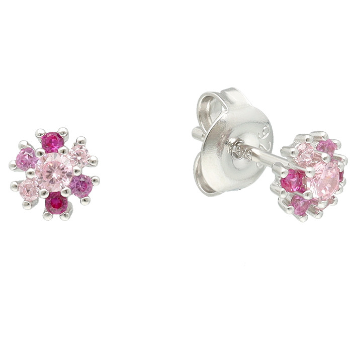 PENDIENTES EN PLATA CON CIRCONITAS ROSAS Y ROJAS FORMA ROSETA PEQUEÑA