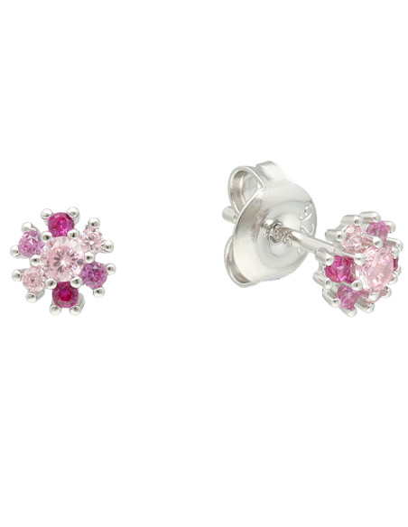 PENDIENTES EN PLATA CON CIRCONITAS ROSAS Y ROJAS FORMA ROSETA PEQUEÑA