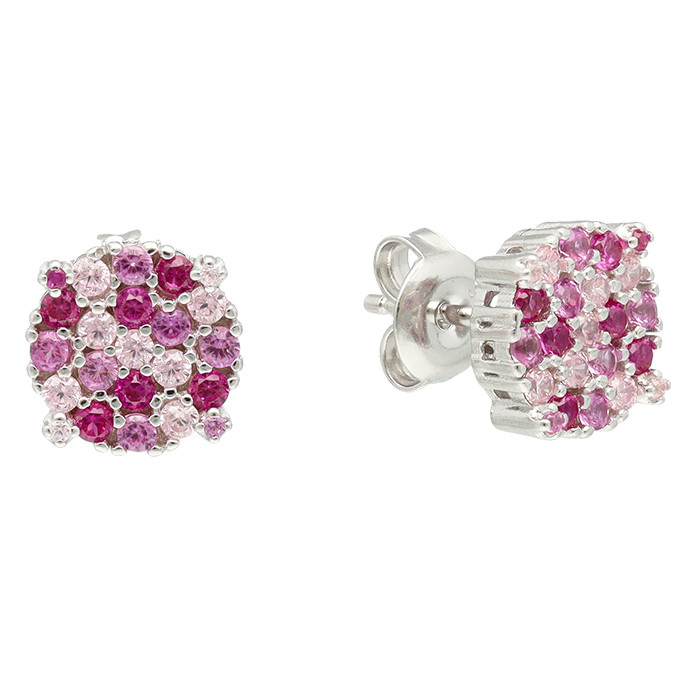 PENDIENTES EN PLATA CON CIRCONITAS ROSAS Y ROJAS FORMA ROSETA REDONDA