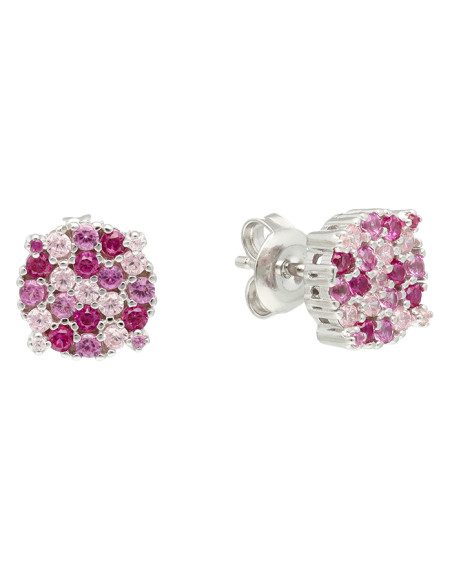 PENDIENTES EN PLATA CON CIRCONITAS ROSAS Y ROJAS FORMA ROSETA REDONDA