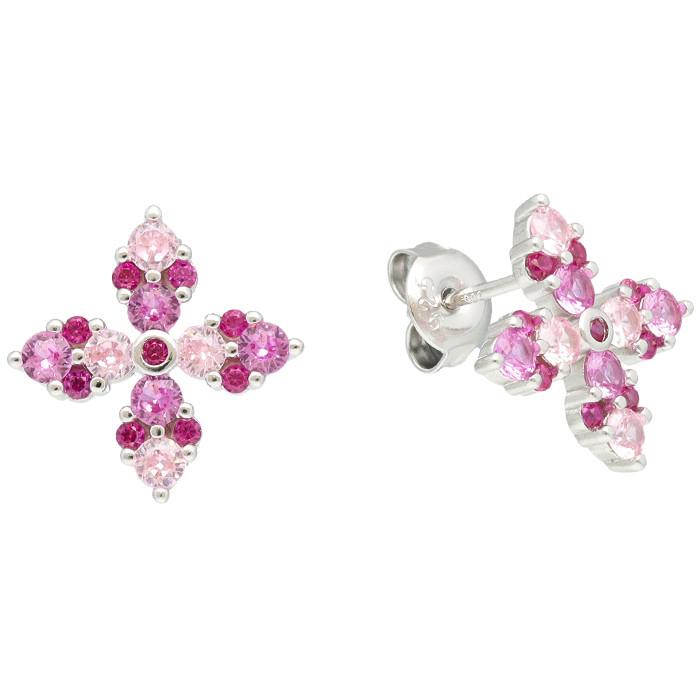 PENDIENTES EN PLATA CON CIRCONITAS ROSAS Y ROJAS FORMA CRUZ