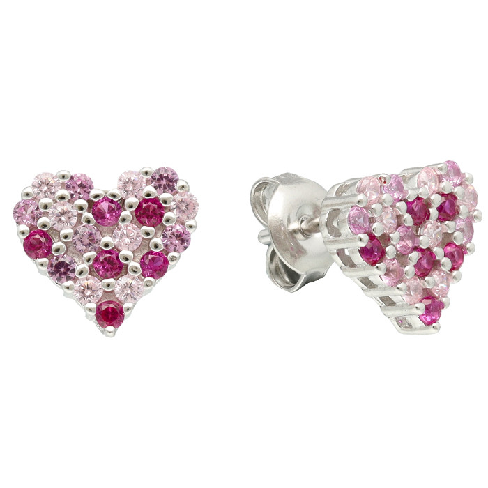 PENDIENTES EN PLATA CON CIRCONITAS ROSAS Y ROJAS FORMA CORAZÓN