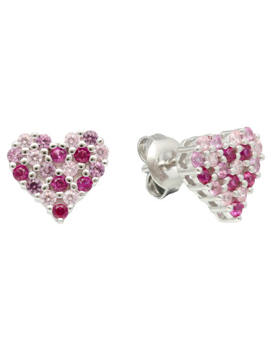 PENDIENTES EN PLATA CON CIRCONITAS ROSAS Y ROJAS FORMA CORAZÓN