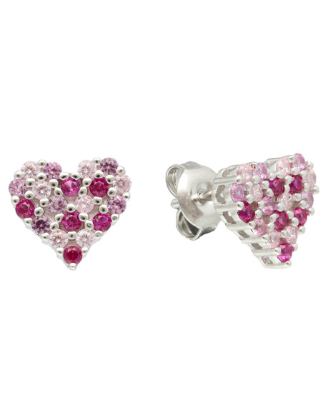 PENDIENTES EN PLATA CON CIRCONITAS ROSAS Y ROJAS FORMA CORAZÓN